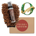 Waterless dog grooming mitt set with brown textured mitt, bottle, and cardboard box