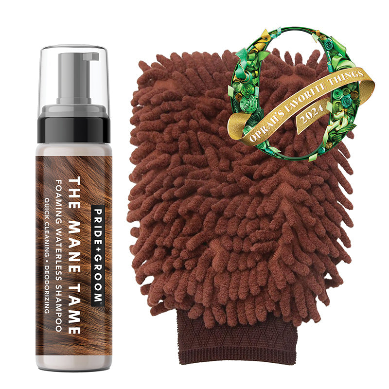Brown waterless dog grooming mitt with bottle and gray backing, shown with the kit pack