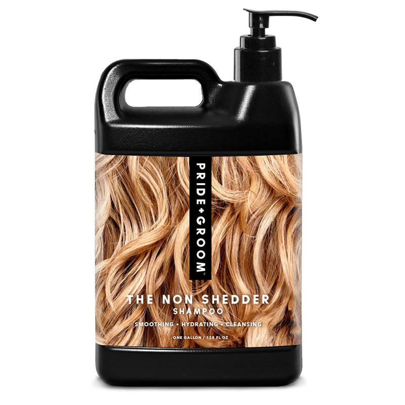 Dog shampoo jug with black pump dispenser handle, brown-and-gold label front