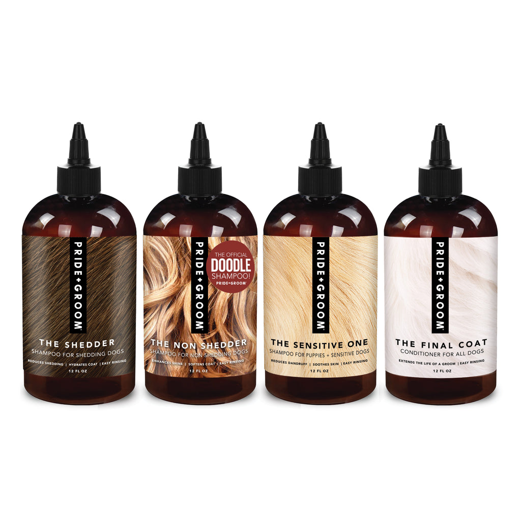 PRIDE+GROOM dog shampoo sample pack of 4 dark bottles with black pump caps