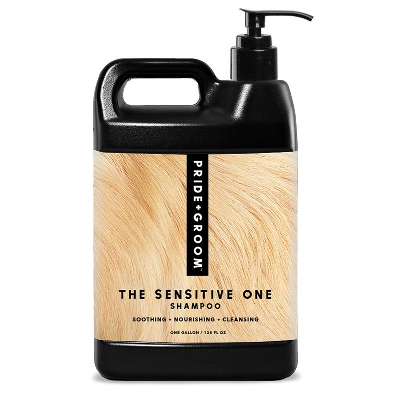 Hypoallergenic pet shampoo bottle with pump dispenser, dark brown bottle