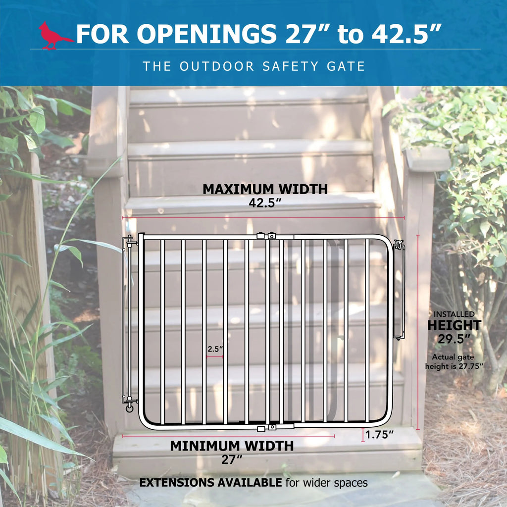 Aluminum outdoor safety gate installed on railing with vertical bars and latch