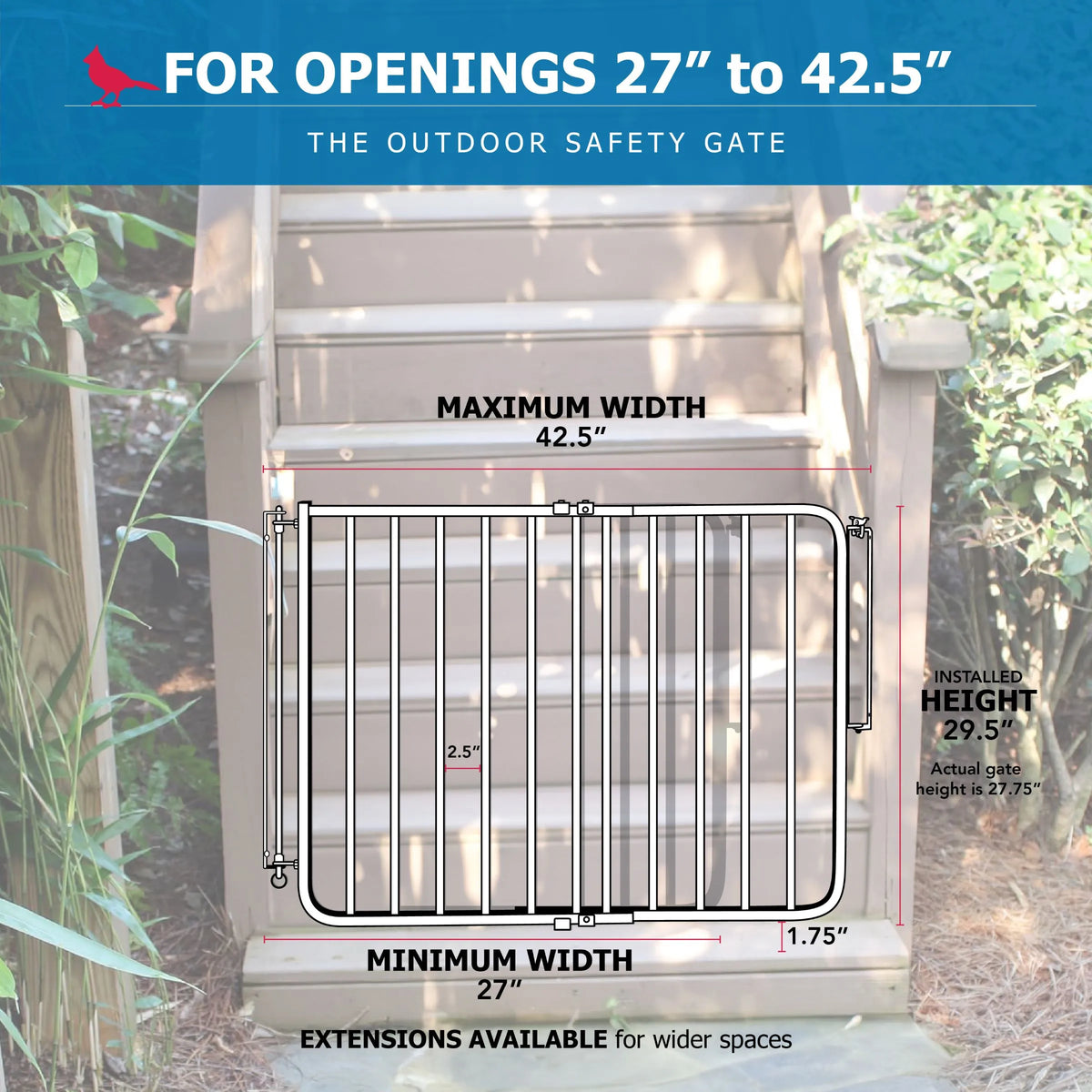 Aluminum outdoor safety gate installed on railing with vertical bars and latch