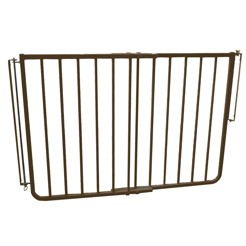 Brown aluminum dog safety gate with vertical bars and latch hardware