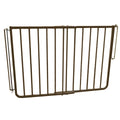 Brown aluminum dog safety gate with vertical bars and latch hardware