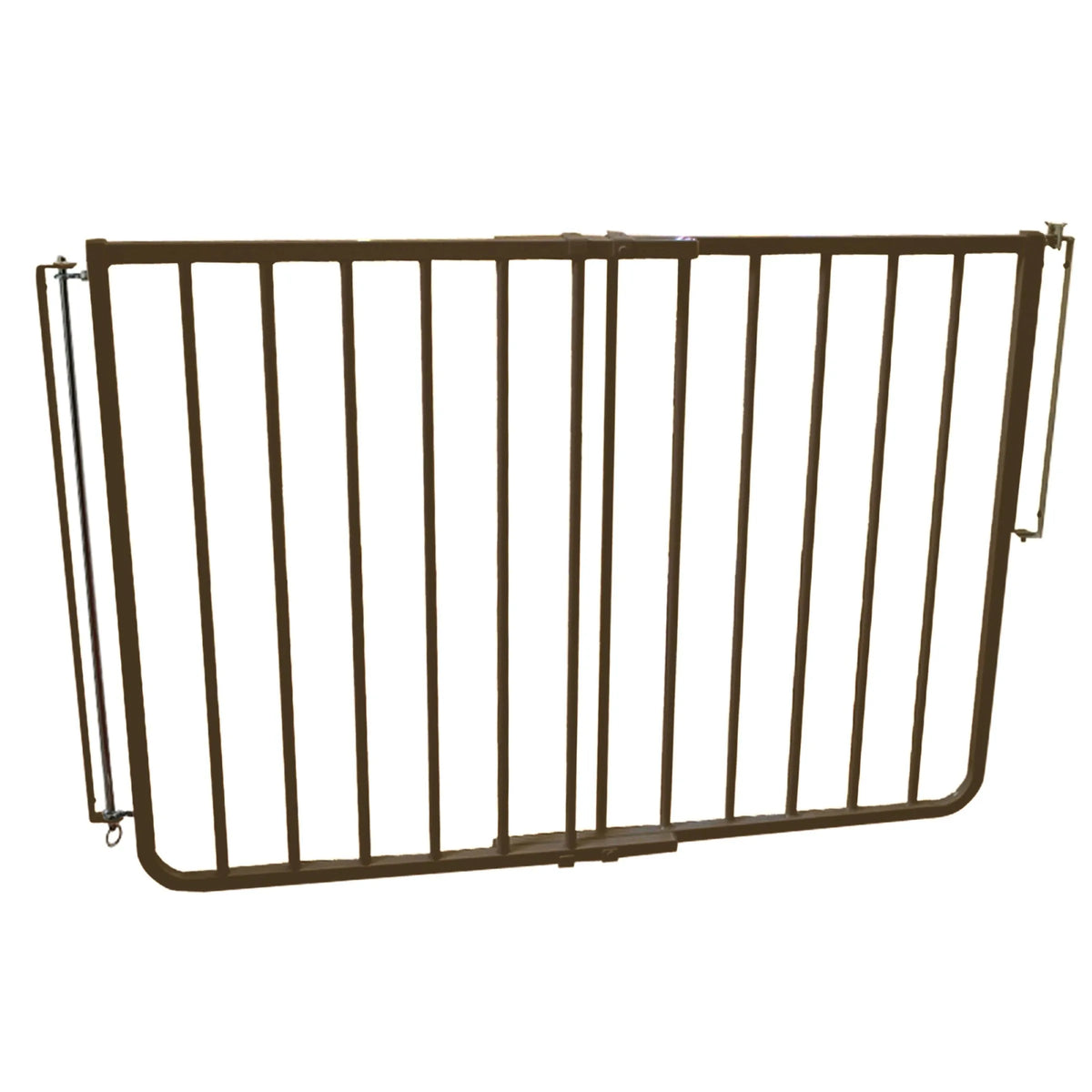 Brown aluminum dog safety gate with vertical bars and latch hardware