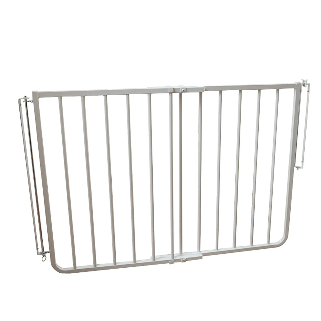 White aluminum dog safety gate with vertical bars and side latch hardware
