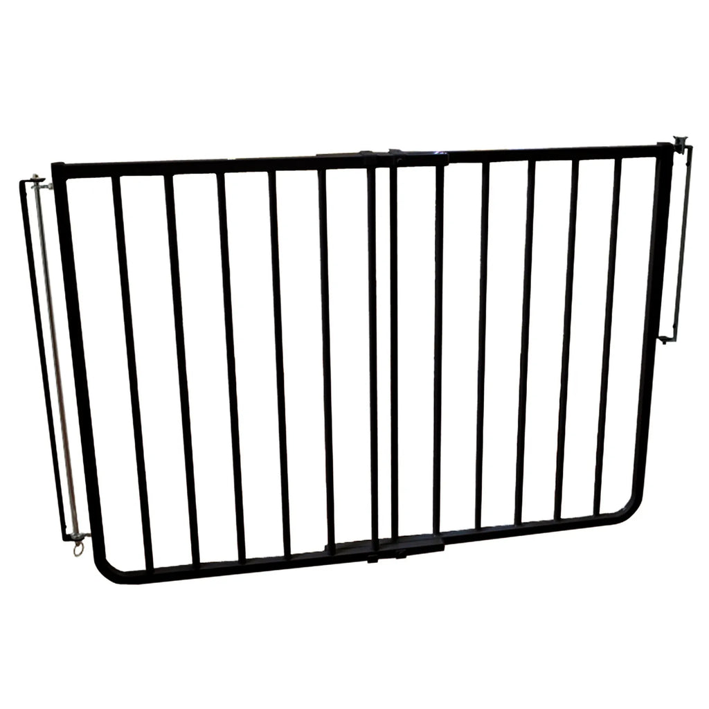 Black aluminum dog safety gate with vertical bars and side latch arms