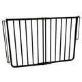 Black aluminum dog safety gate with vertical bars and side latch arms