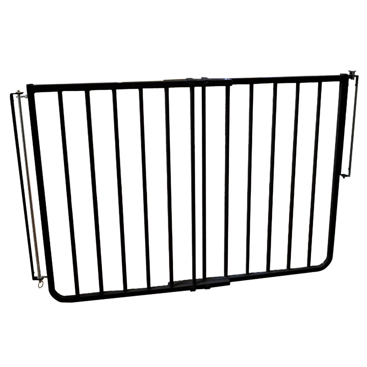 Black aluminum dog safety gate with vertical bars and side latch arms