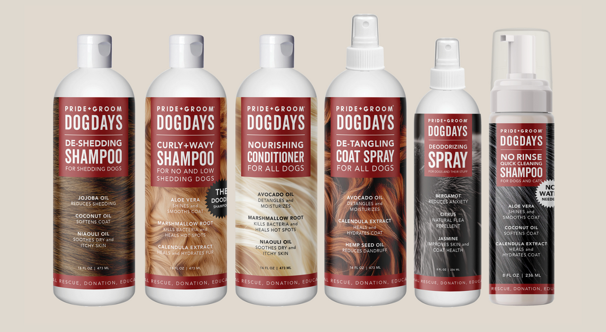 Assortment of Pride & Groom DOGDAYS grooming bottles, including conditioner and sprays