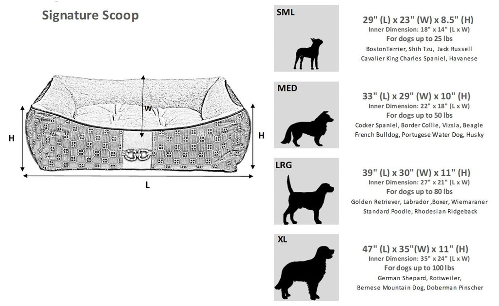 Size chart for Signature Scoop dog bed: SML, MED, LRG, XL measurements shown