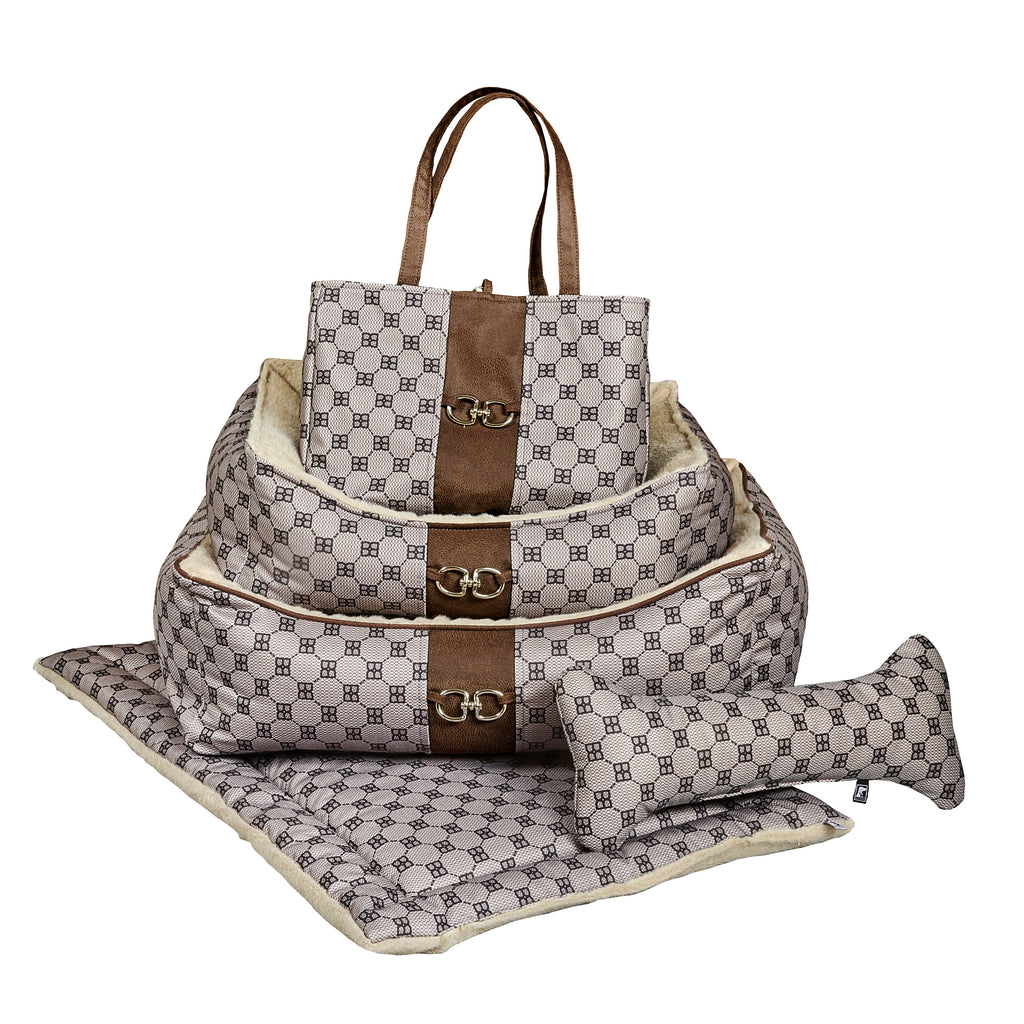 Dog carrier tote bag with Signature Coco pattern, top handles, and folded base pad