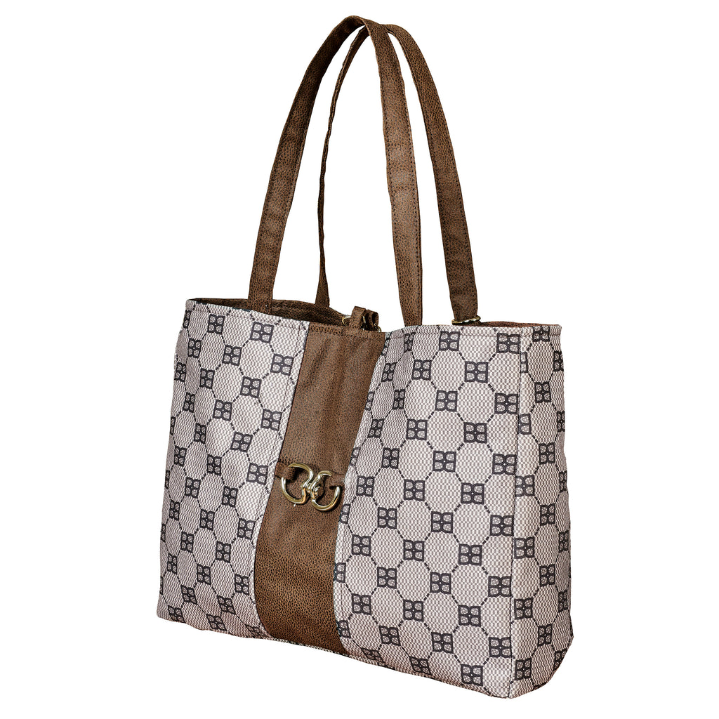 Dog carrier tote bag with patterned panels, brown center panel, and metal D-ring