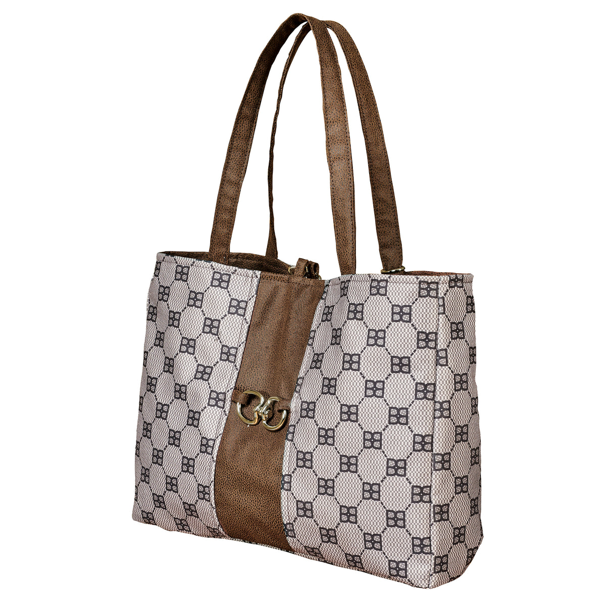 Dog carrier tote bag with patterned panels, brown center panel, and metal D-ring