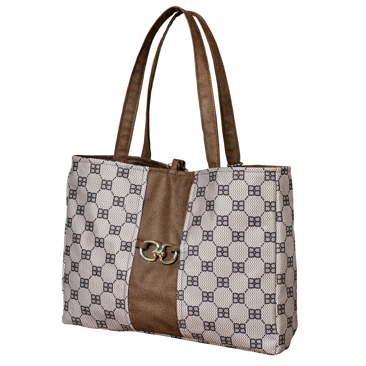 Dog carrier tote bag front view with patterned body, brown center insert, and D-ring
