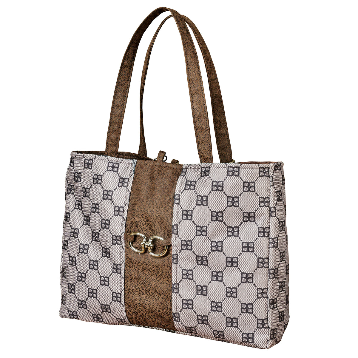 Dog carrier tote bag angled view with Signature Coco pattern and brown side panel