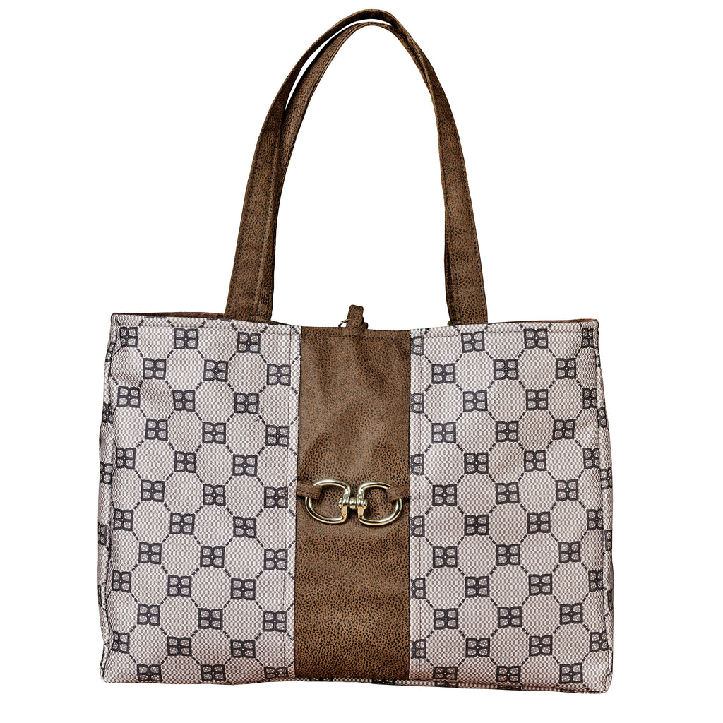 Dog carrier tote bag front view with brown leather-look center panel and twin rings