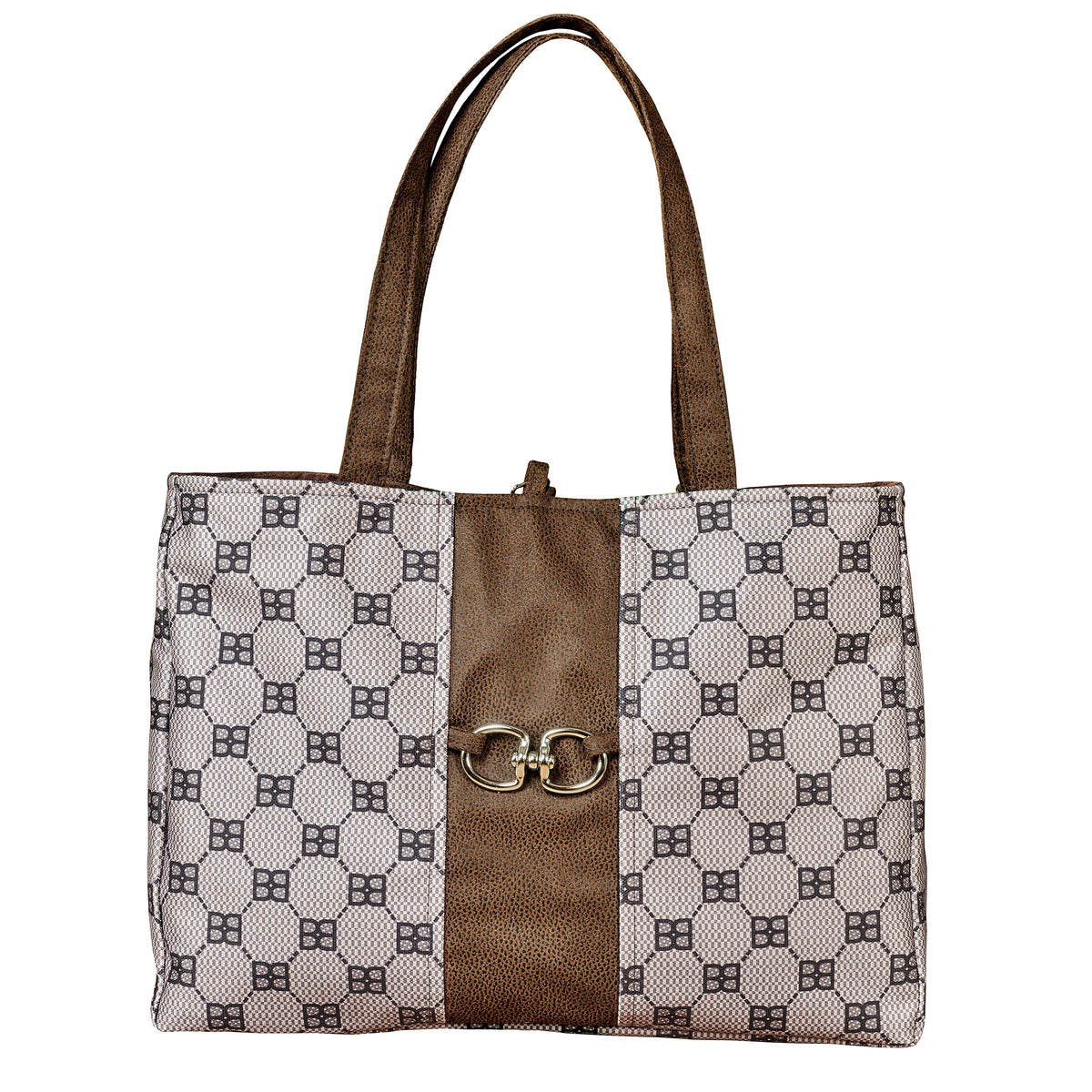 Dog carrier tote bag front view with brown leather-look center panel and twin rings