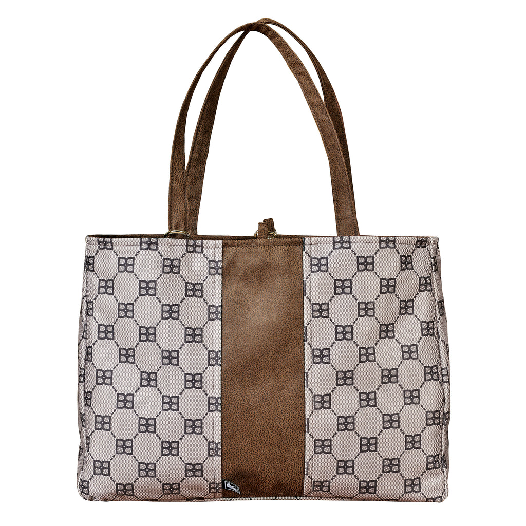 Dog carrier tote bag front view with patterned exterior and long brown center panel