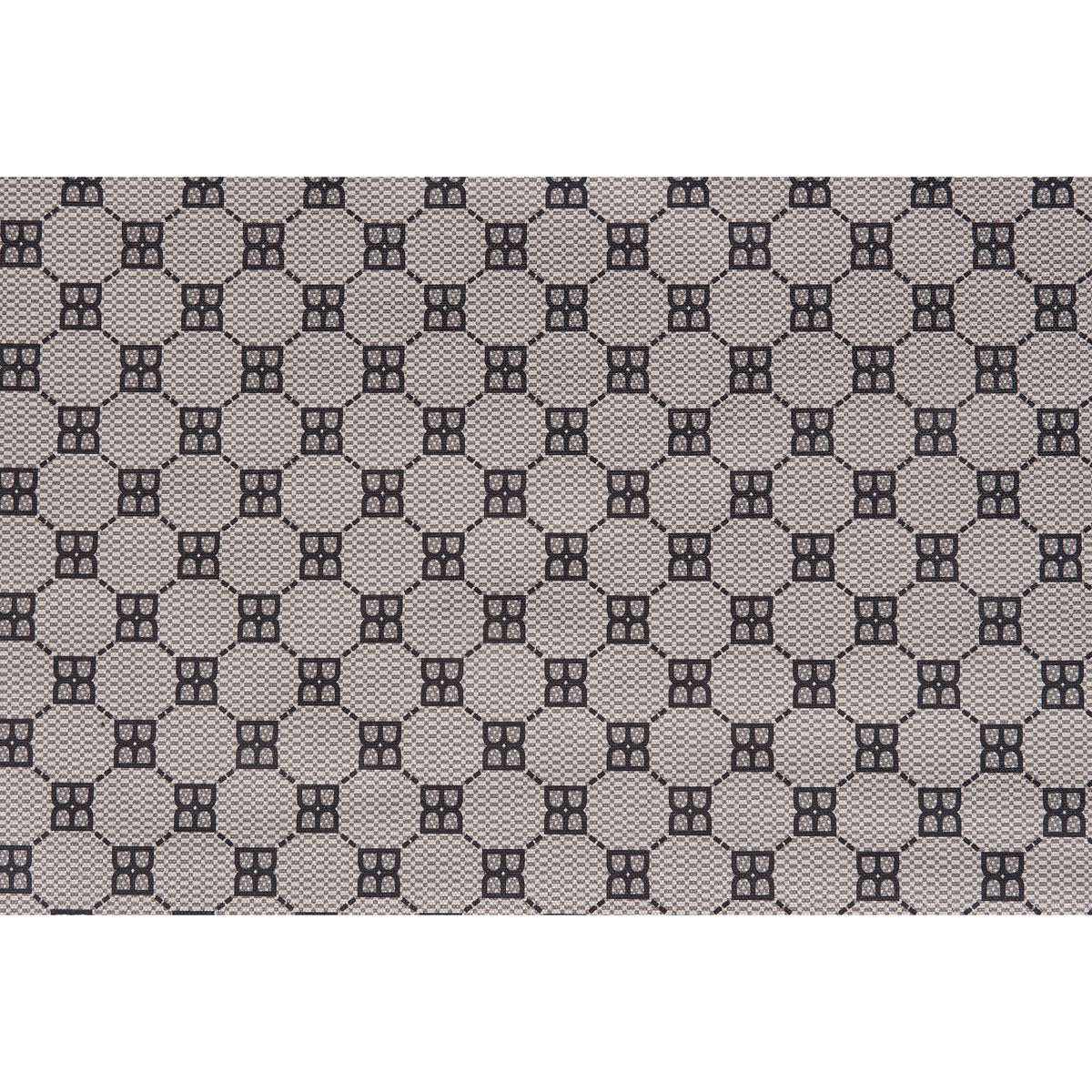 Close-up of gray patterned fabric with repeating geometric monogram icons