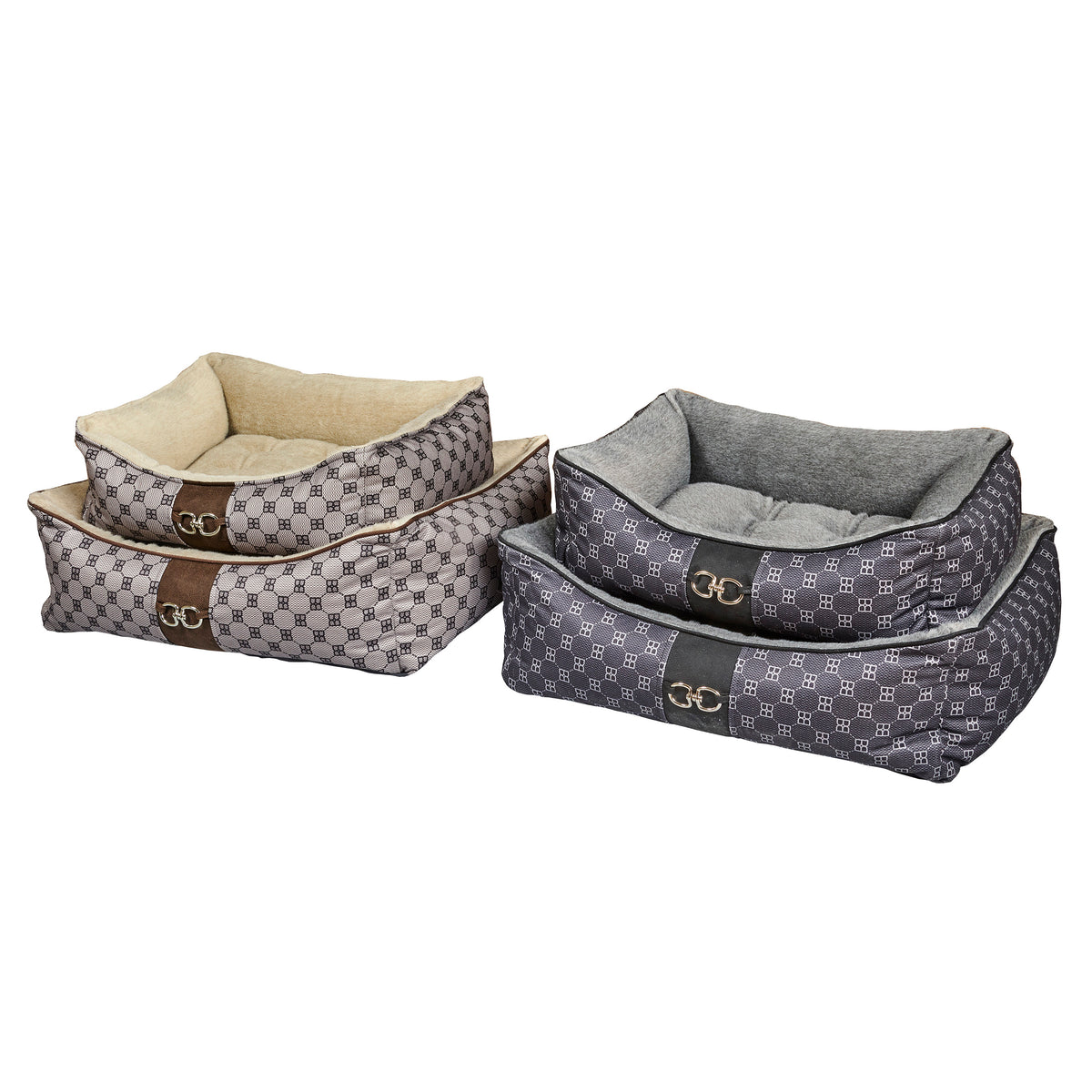 Two dog scoop beds: beige and gray patterned with cushioned inner liners and brown clasps
