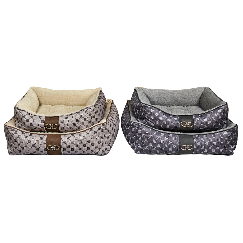 Beige-and-brown patterned dog scoop bed with cushioned inner bolster and clasp accents