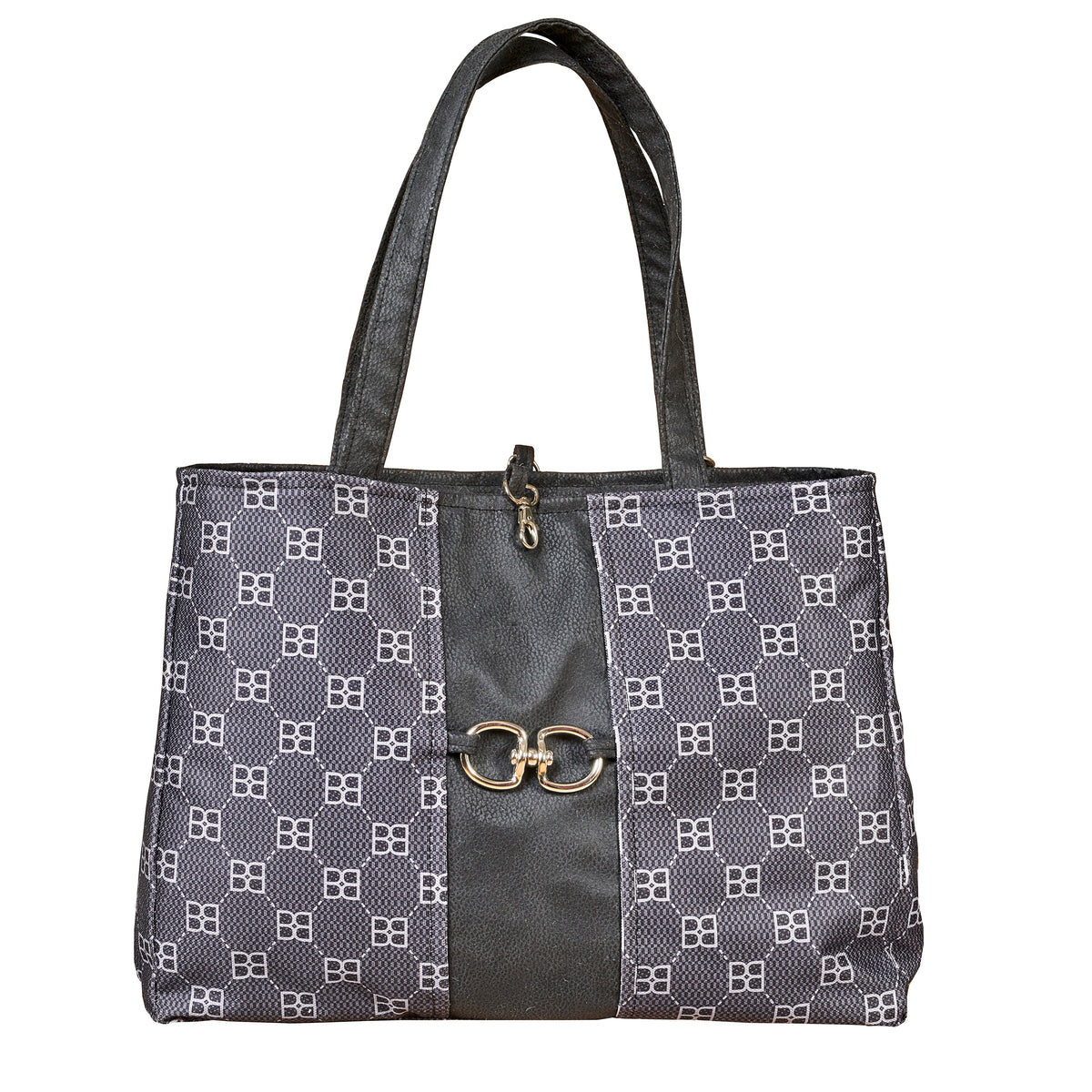 Dark signature-pattern dog carrier tote with front buckle clasp and side pocket