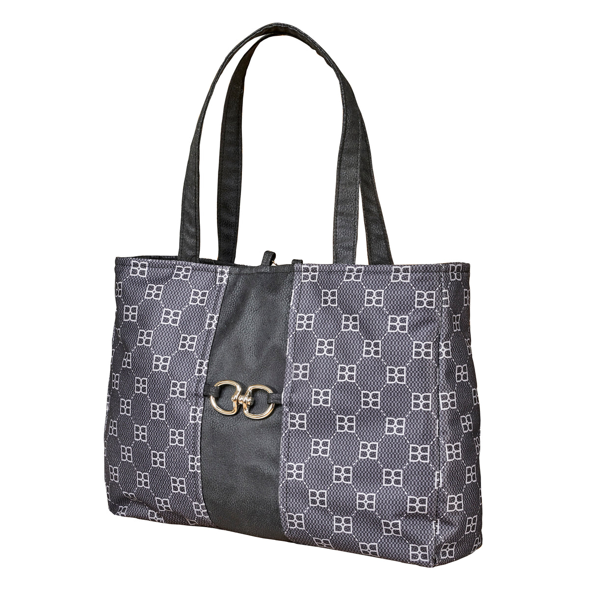 Dark signature-pattern dog carrier tote with dual handles, front center buckle detail
