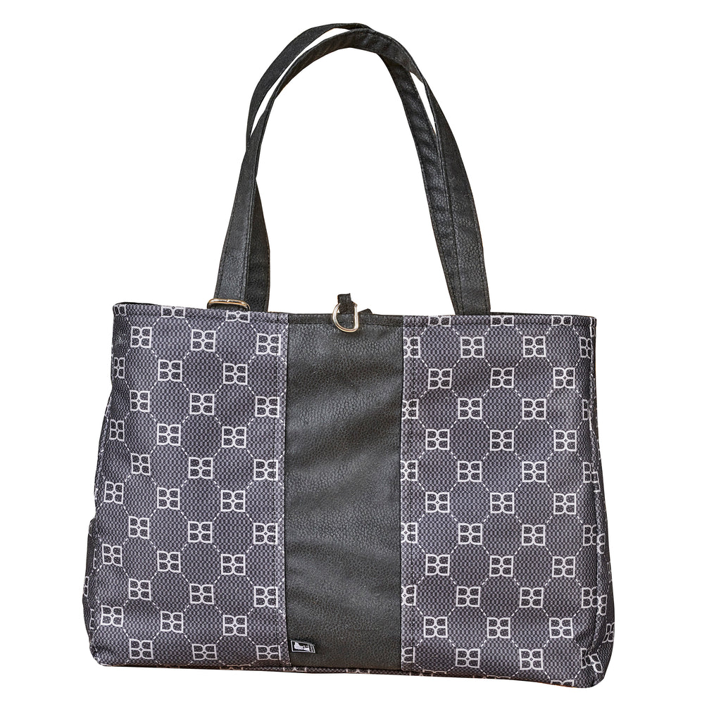 Noir signature-pattern dog carrier tote with top handles and side zipper opening
