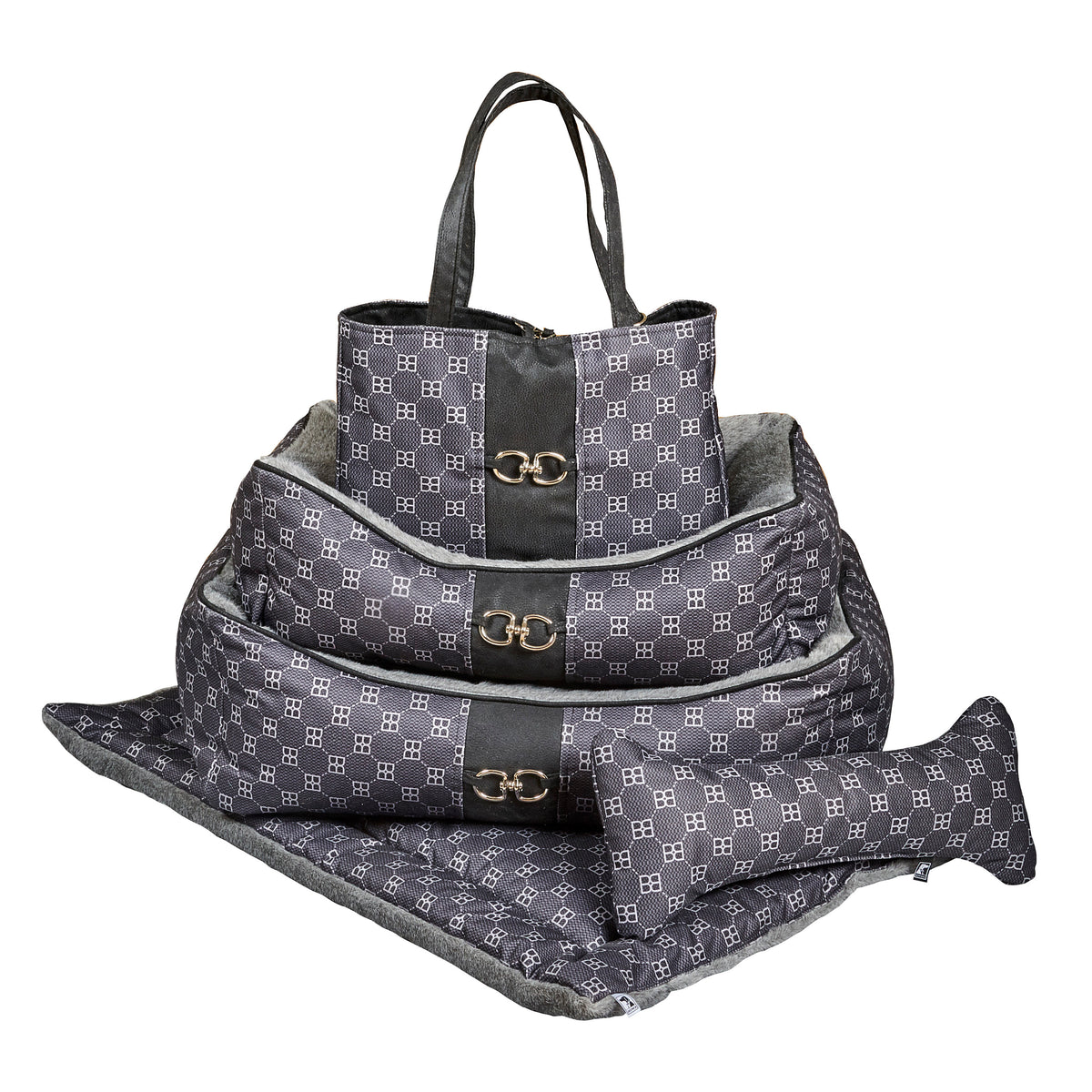 Stacked scoop dog beds set with gray-lined dark patterned fabric and carry handle