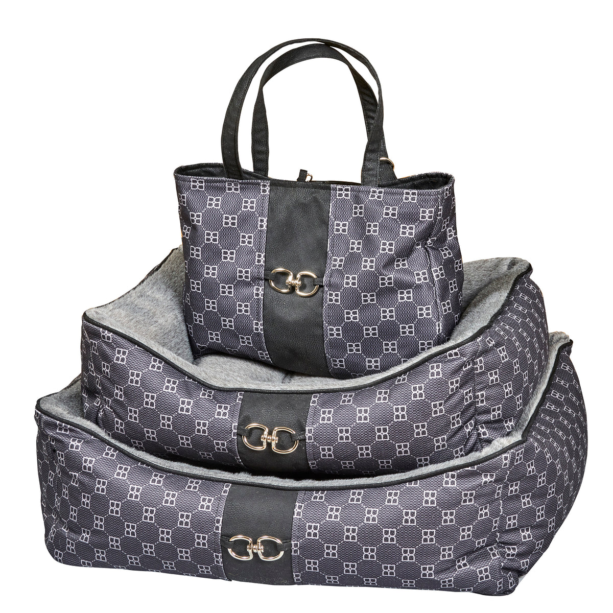 Double scoop dog bed set with gray cushion, dark patterned fabric, and gold buckle accents