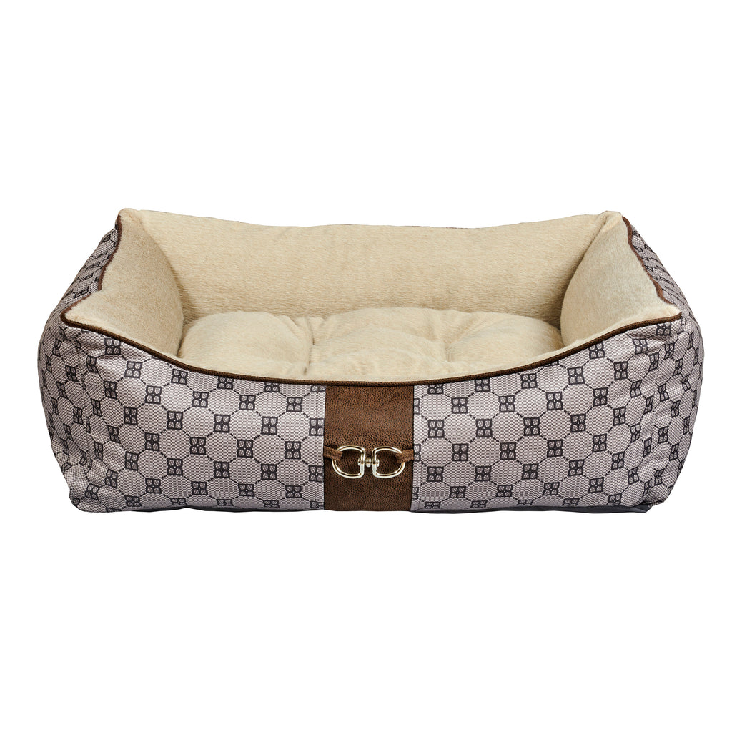Beige patterned dog scoop bed with cushioned beige liner and brown center panel clasps