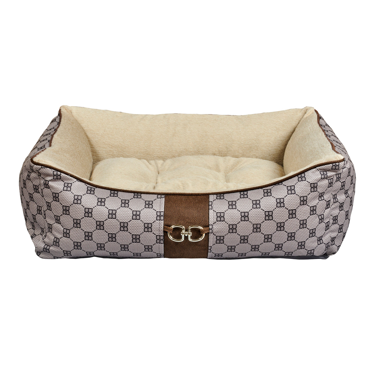 Beige patterned dog scoop bed with cushioned beige liner and brown center panel clasps