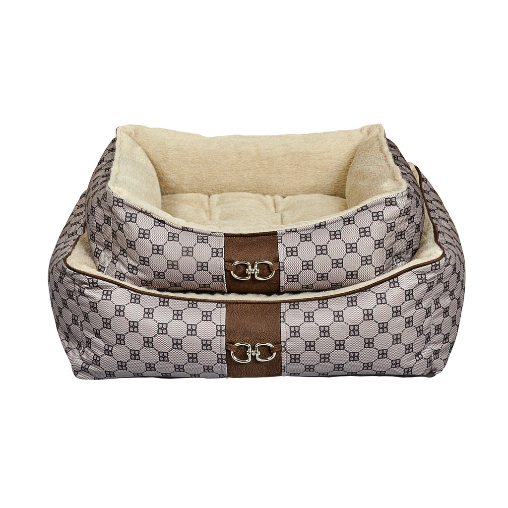 Gray-and-beige patterned dog scoop bed with cushioned lining and brown center strap clasps