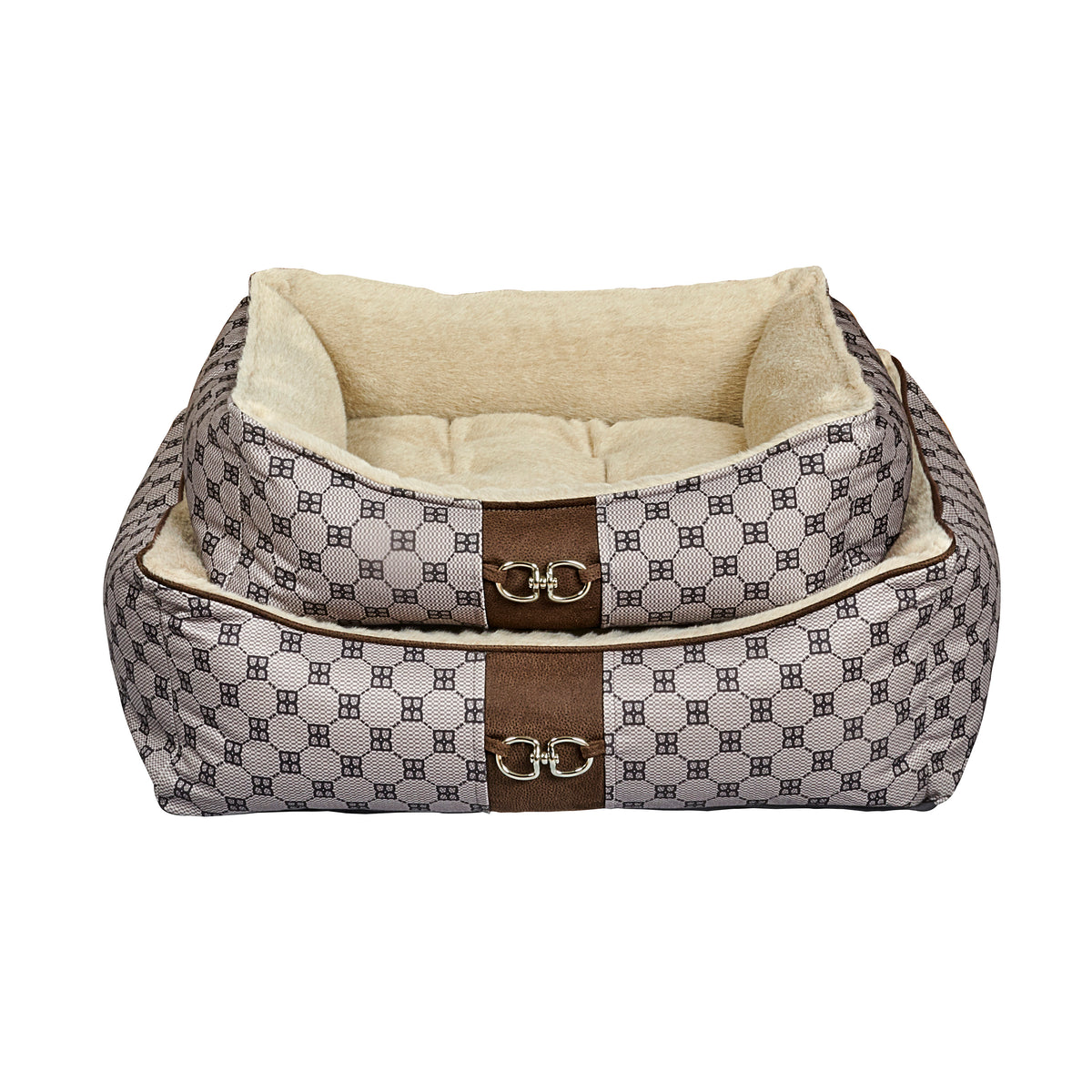 Gray-and-beige patterned dog scoop bed with cushioned lining and brown center strap clasps