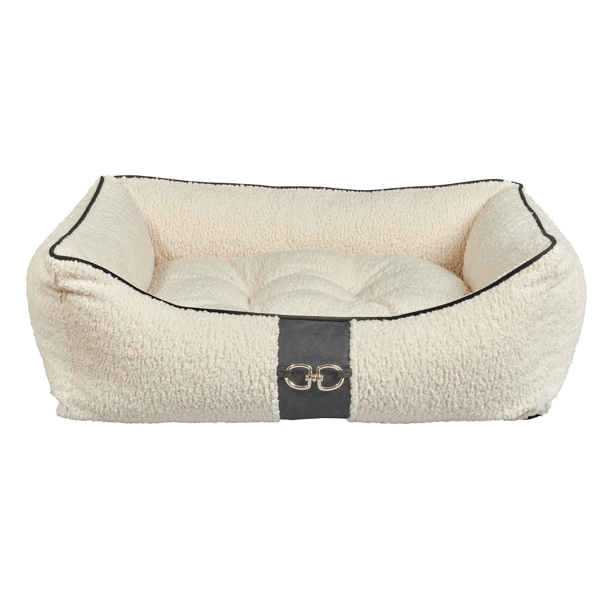 Ivory faux sheepskin scoop dog bed with dark trim and front buckle detail