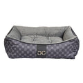 Square scoop dog bed with gray cushion, dark patterned cover, and gold buckle detail