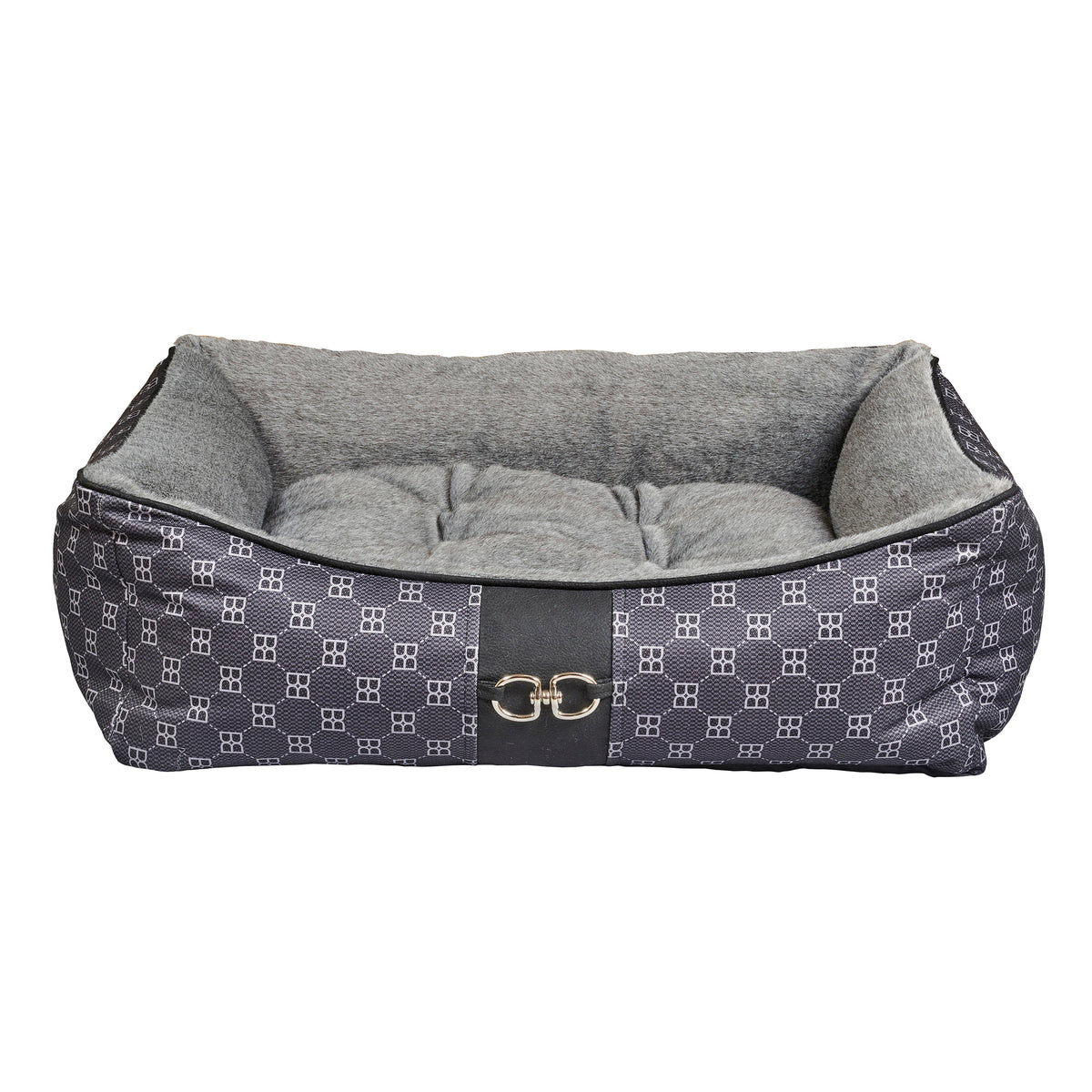 Square scoop dog bed with gray cushion, dark patterned cover, and gold buckle detail