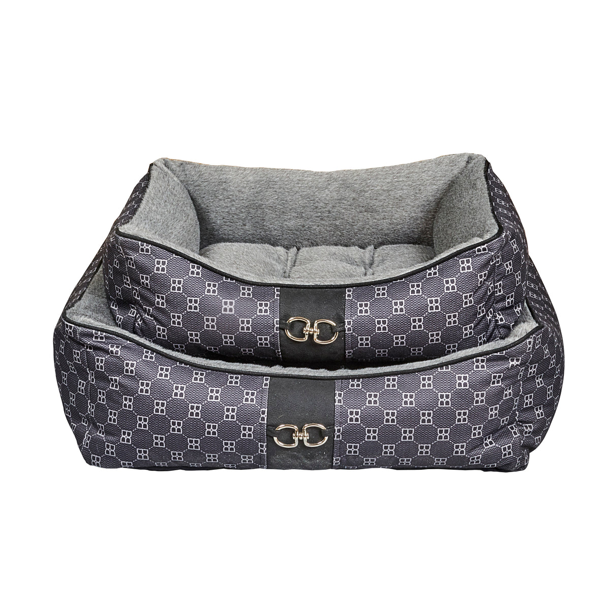Square scoop dog bed with gray top cushion, dark patterned fabric, and gold buckle front