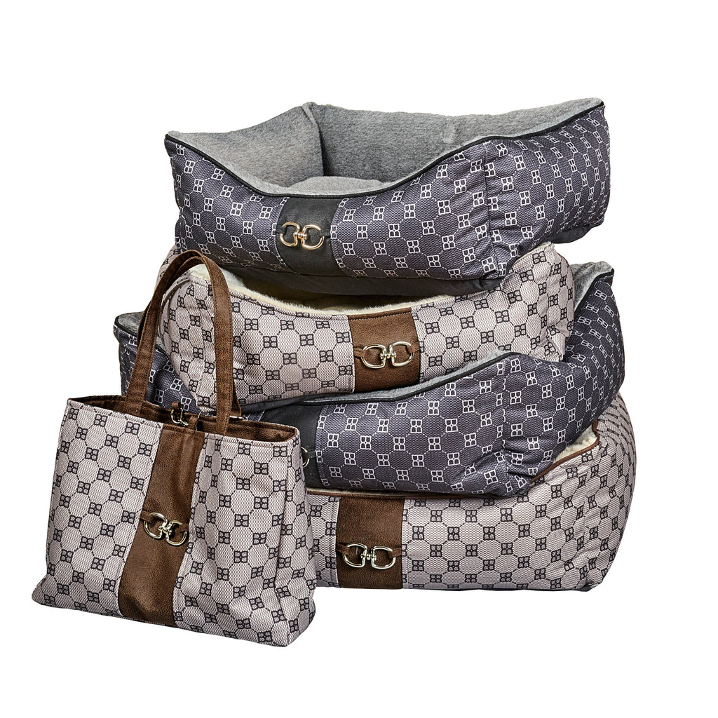 Scoop dog bed with dark patterned cover and matching light tote bag and small pouch