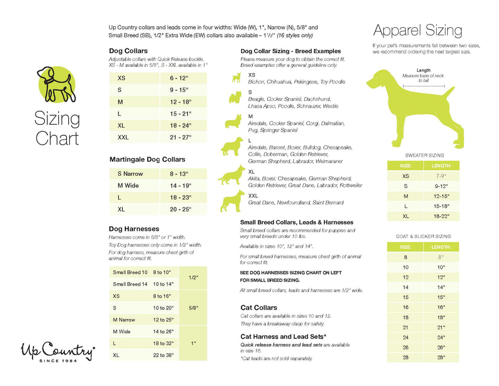 Dog collar sizing chart with collar and leash measurement ranges