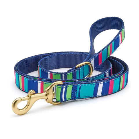 Blue striped dog leash with teal green red accents and brass swivel clasp