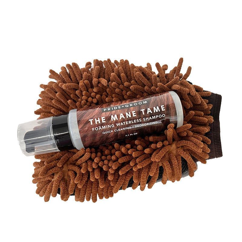 Dual-sided microfiber grooming mitt with waterless shampoo bottle, brown chenille texture