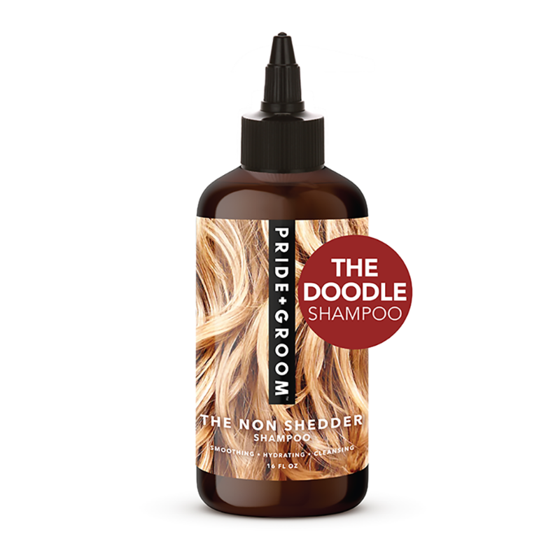 Dog shampoo bottle with pump cap, THE DOODLE SHAMPOO label on dark brown container