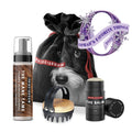 Dog grooming set with balm jar, spray bottle, grooming brush, and round scent stamp.