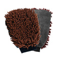 Dual-sided grooming mitt with brown chenille side and gray backing, close-up