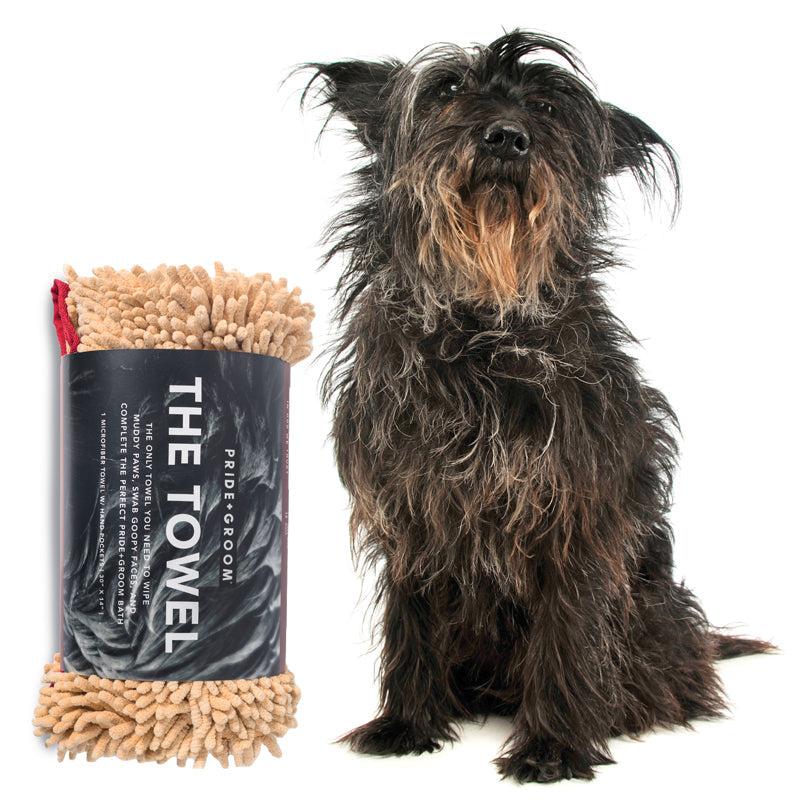 Microfiber dog drying towel roll-up in tan looped pile with red accent
