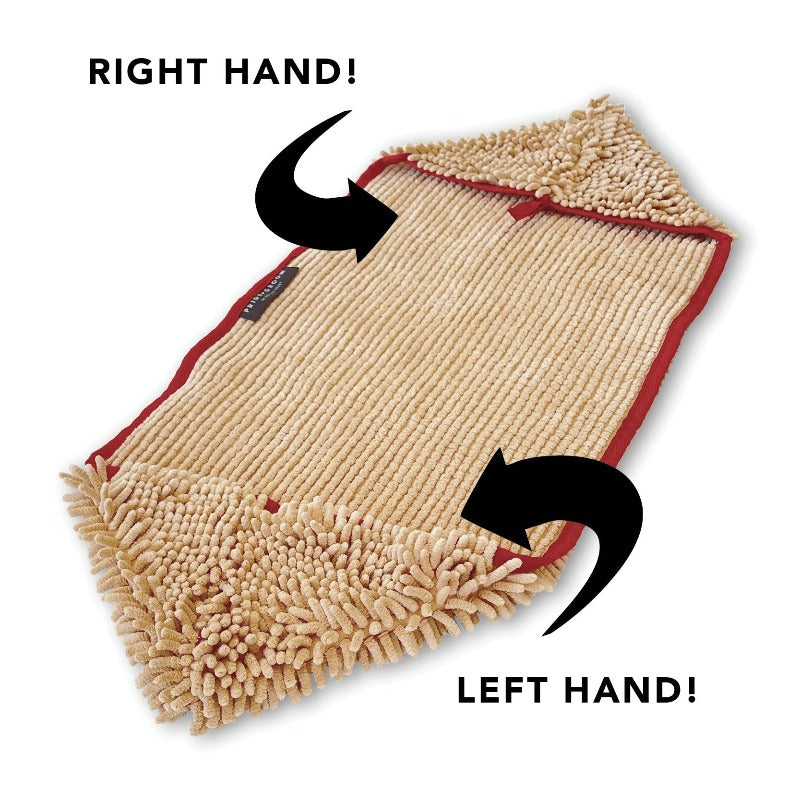Tan microfiber drying towel with red edge, hand pockets for right and left hands