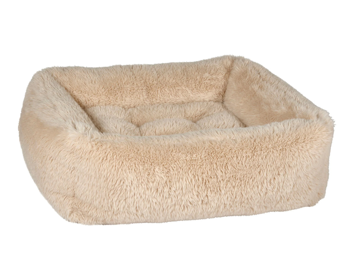 Fluffernutter dog bed, cream shag plush base with raised sides
